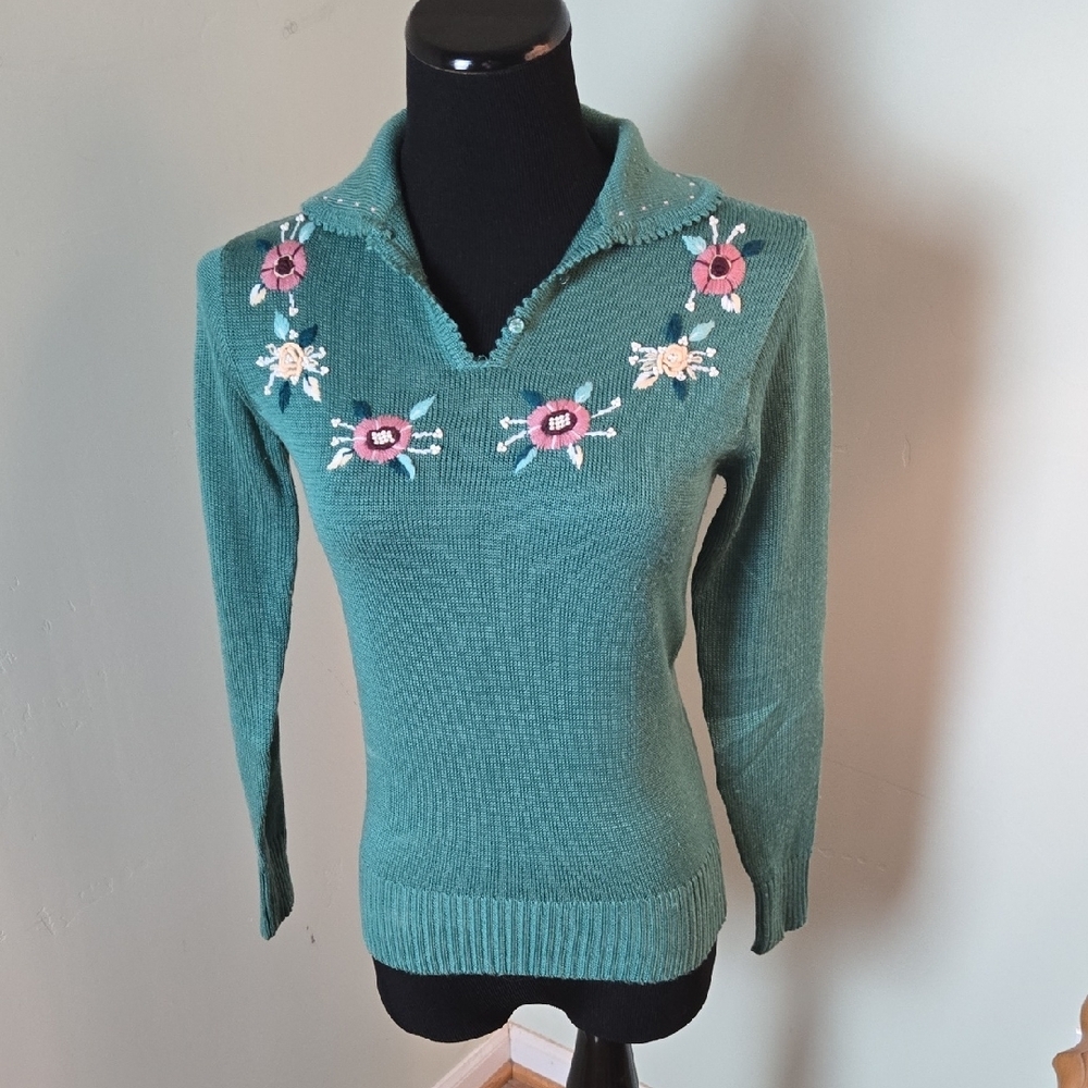 Vintage Fashion Import Floral Embroidered Teal Sweater